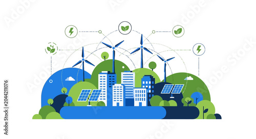 Konstfotografi Eco friendly smart city concept with wind turbines and solar panels