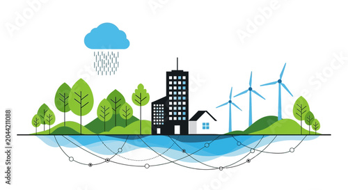 Foto Eco-friendly sustainable city with green energy and natural resources illustration