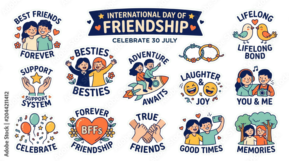 Fototapeta premium International Day of Friendship Doodle Sticker Pack Vector Illustration with Cute Friends Icons and Social Symbols