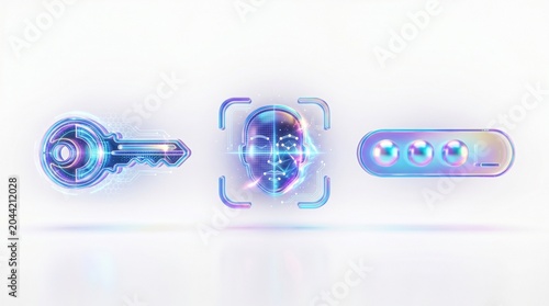 Futuristic digital key icon next to a glowing biometric face recognition scanner and a secure password input field rendered in iridescent holographic colors on white background