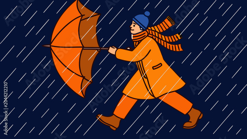Tableau sur toile A vector illustration depicting a person with an umbrella walking against heavy