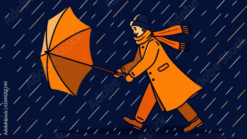Tableau sur toile A vector illustration depicting a person with an umbrella walking against heavy