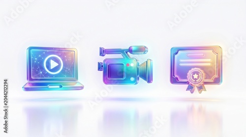 Glossy iridescent neon icons representing a video laptop, a professional camcorder and an academic graduation certificate featuring vibrant glowing glass textures floating on white background.