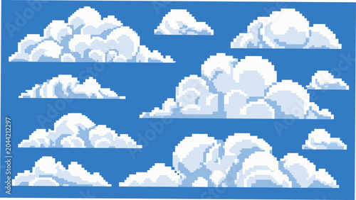 A collection of white pixelated clouds against a bright blue background a digital vector illustration cloudscape cloud formations cumulus pixel art