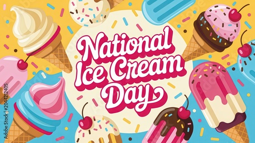 Colorful cartoon illustration of various ice cream treats for National Ice Cream Day