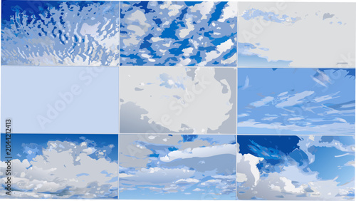 Tableau sur toile A grid of nine vector illustrations depicts various cloud formations in shades o