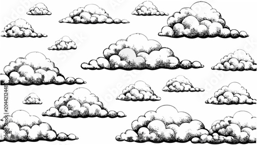 Tableau sur toile A collection of sketched cumulus clouds creates a monochrome vector pattern agai