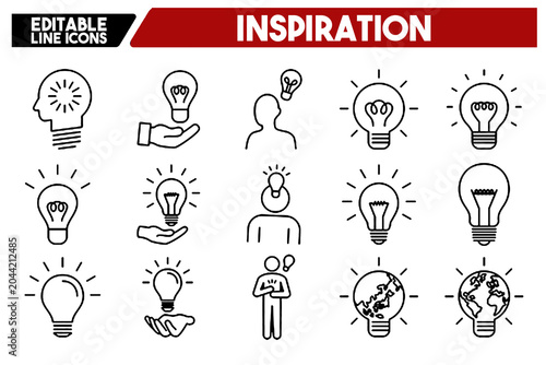 Inspiration and Creative Ideas Line Icons Set Innovation Motivation Editable Stroke Transparent Background Vector Illustration