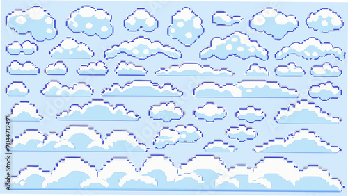 Quadro su tela A collection of pixelated cloud shapes in a light blue color scheme presented as