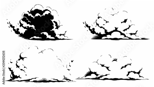 Schilderij op canvas Four black cloud formations rendered as a vector illustration with a white backg