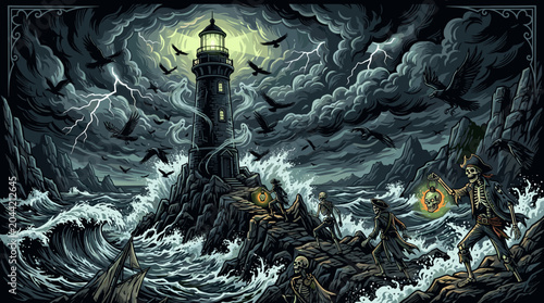 Photos Skeleton pirates and ghosts invade a rocky lighthouse island during a fierce storm with crashing waves and a sky full of ravens and lightning