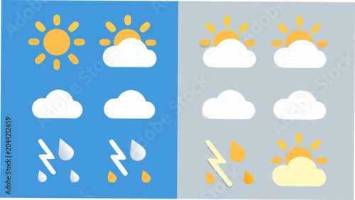 Foto Weather symbols illustration featuring suns clouds raindrops and lightning bolts