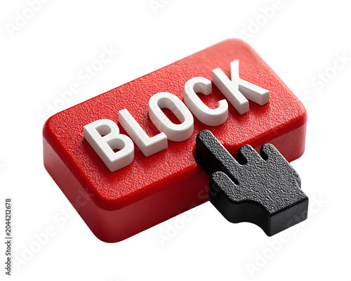 3D red block button with black pixel hand cursor isolated on black background

