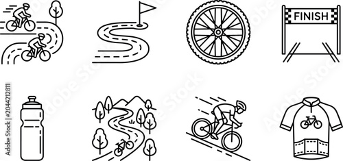 Fotografie Bicycle racing and cycling tournament line icon set featuring road tracks finish