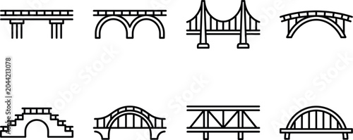 Fotografie Bridge infrastructure and architectural engineering thin line icon set featuring