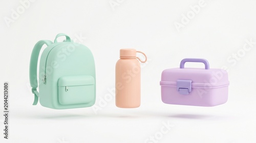 Pastel colored backpack with a matching water bottle and rectangular lunch box floating in a 3d rendered composition featuring soft lighting effects on white background