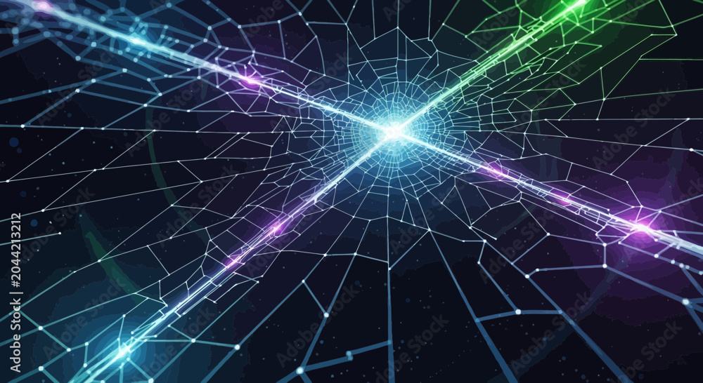 Obraz premium Glowing neon lines intersect in a futuristic network on a dark background