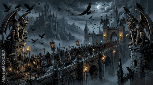 Konstfotografi Procession of grim reapers marches across a stone bridge towards a dark castle guarded by stone gargoyles under a stormy sky