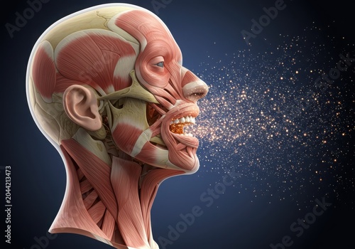 Anatomical head model expelling glittering particles in a medical illustration