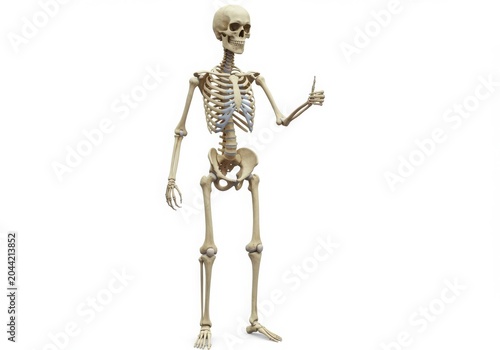 Anatomical skeleton giving a thumbs up gesture on a white background