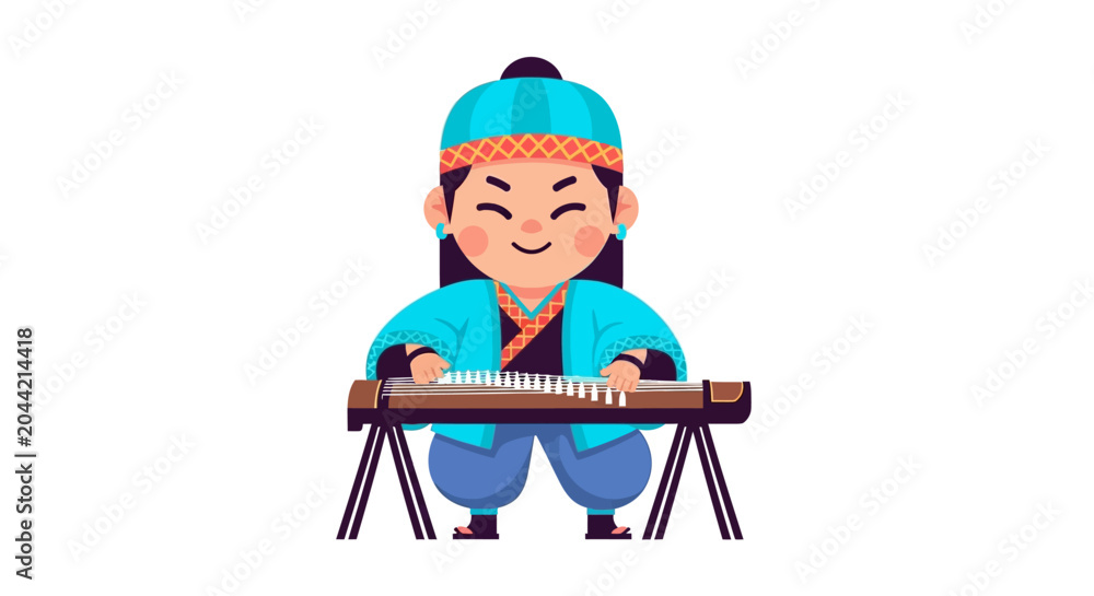 Fototapeta premium Smiling child playing musical instrument outdoors.