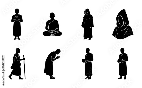 Schilderij op canvas Monk Silhouette Icon Set, Buddhist Figures, Spiritual Poses, Meditation, Prayer,