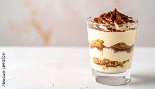 A luxurious tiramisu dessert in a glass cup on a clean elegant background with wide copy space, sophisticated food styling
