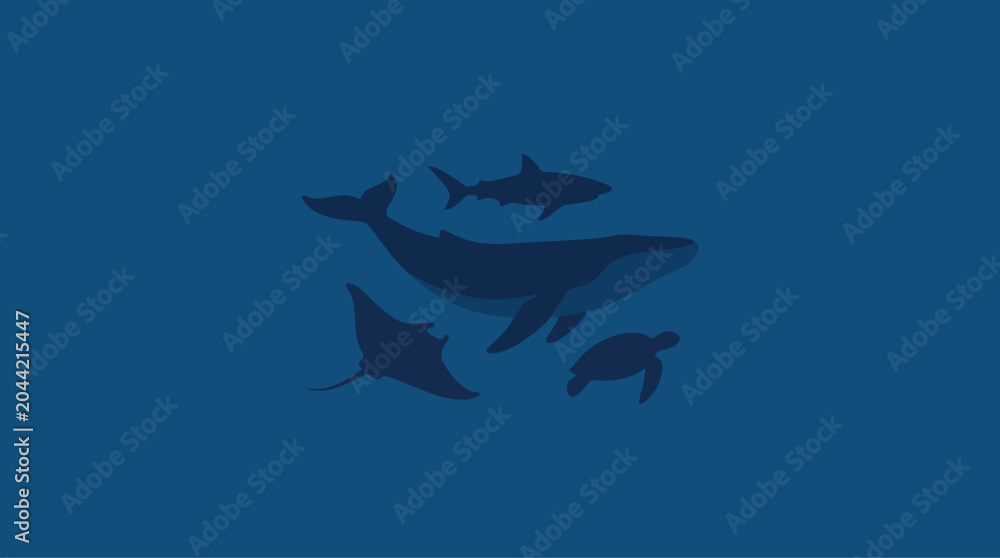 Obraz premium Diverse Marine Life Silhouettes Underwater Scene Blue Background
