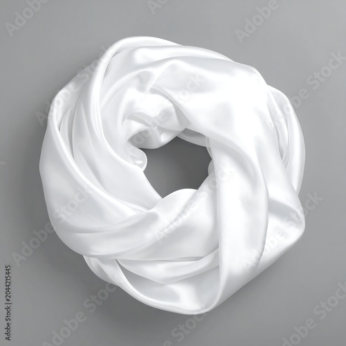 A neatly arranged white silk scrunchie on a plain gray background
