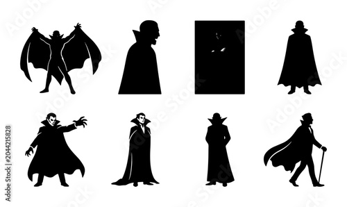 Bilde på lerret Gothic Vampire Silhouettes Collection, Dracula Vector Icons Set, Dark Fantasy Ch