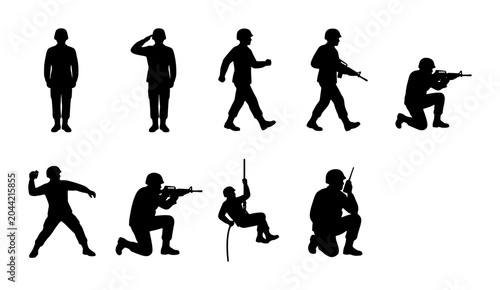 Bild auf Leinwand Military Soldier Silhouettes Collection, Action Poses Vector Set, Combat Figures