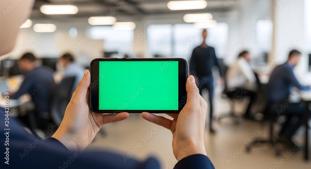 Obraz premium Person holding smartphone with green screen in office