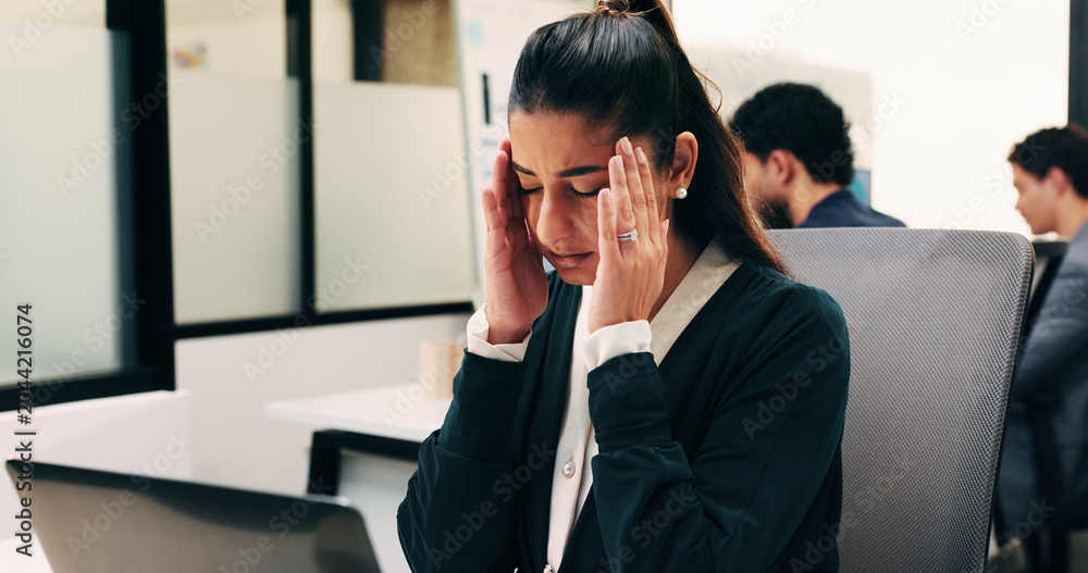 Fototapeta premium Headache, stress and woman in office with laptop, frustrated and tension massage with discomfort. Pain, coworking and employee with tech, workplace exhaustion or migraine pressure with dizziness.