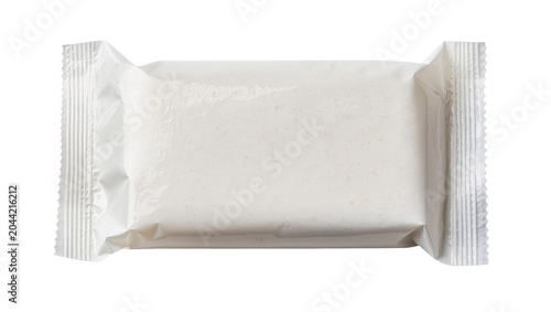 Photos White rectangular bar soap in sealed plastic wrapper
