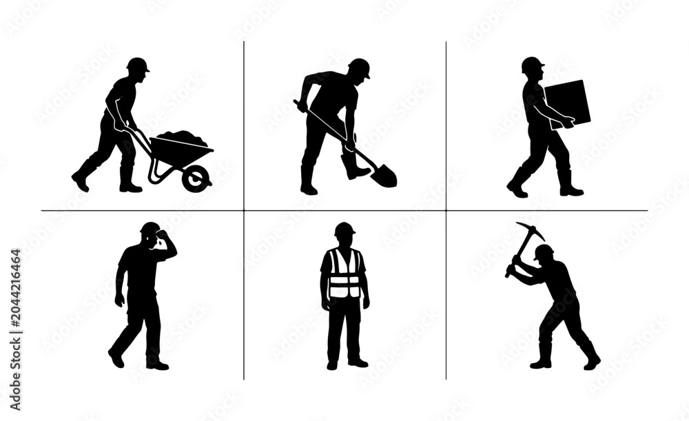 Fototapeta premium Construction Worker Silhouettes Set: Manual Labor, Heavy Lifting, Digging, and Safety Vest Icons for Industrial Projects