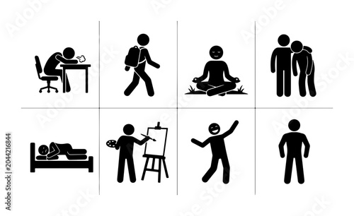 Foto Stick Figure Lifestyle Icons: Sleep, Study, Commute, Meditate, Socialize, Create
