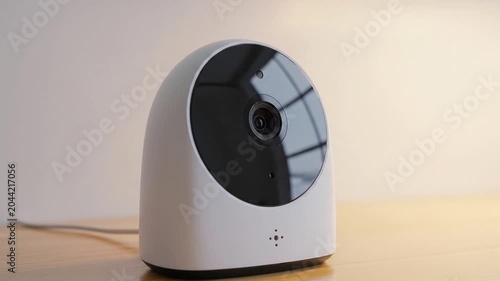 Modern white surveillance camera on wooden surface with neutral background