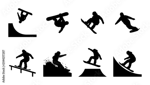 Bild auf Leinwand Snowboarding Action Silhouettes, Extreme Winter Sports Icons, Freestyle Snowboar