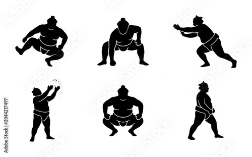 Fotografia Sumo Wrestler Silhouettes, Japanese Martial Arts Poses, Dynamic Athlete Actions,