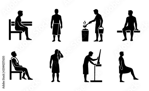 Foto Sauna Icons Set, Relaxation and Wellness Silhouettes, Steam Bath Activities, Spa