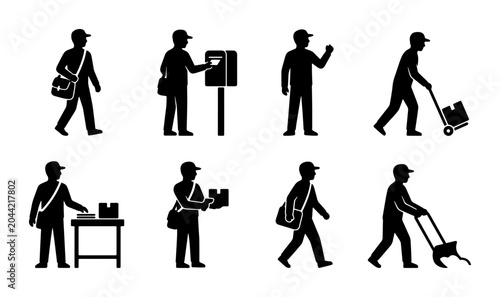 Tableau sur toile Postman Silhouette Icons, Mail Carrier Pictograms, Delivery Service Vector Graph