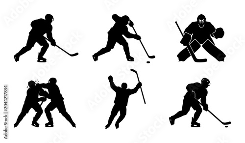 Canvas Print Ice Hockey Player Silhouettes, Goalie, Fighting Action, 6 Vector Icons Set, Spor