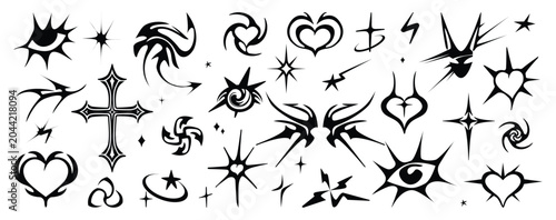 Set of mystic Y2K cyber tribal elements and neo gothic shapes. Black collection of alternative abstract symbols, sharp hearts, spiked stars, gothic cross, and edgy eyes for streetwear prints.