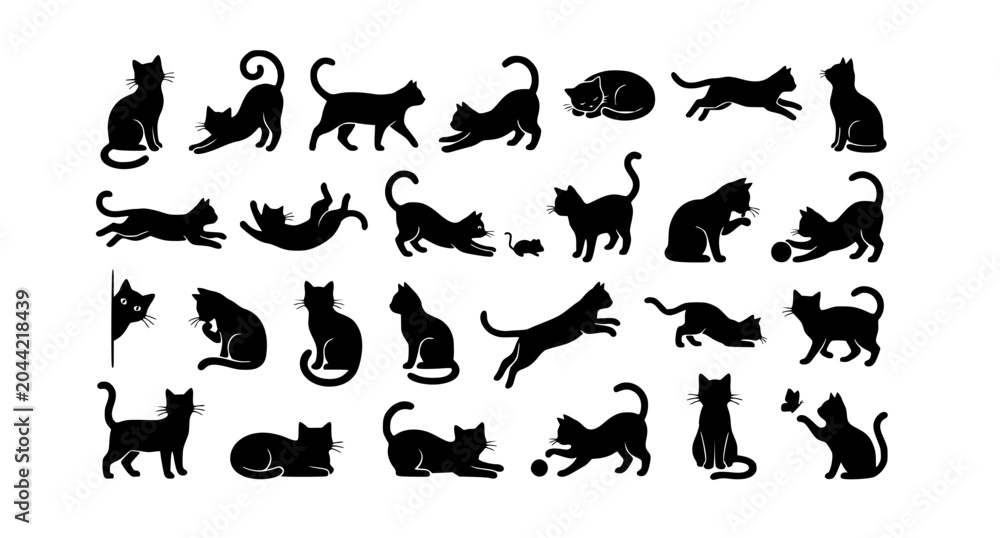 Fototapeta premium Set of Cute Black Cat Silhouette Vector Icons in Different Playful Poses Isolated on White Background
