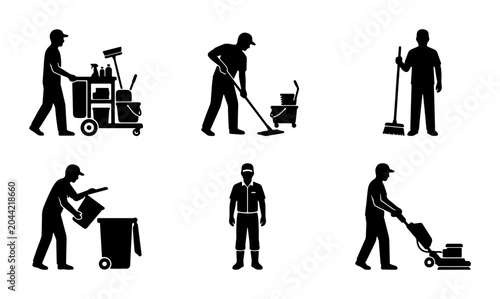 Foto Cleaning Service Icons: Janitor, Maid, Housekeeper, Sanitation Worker, Mop, Broo