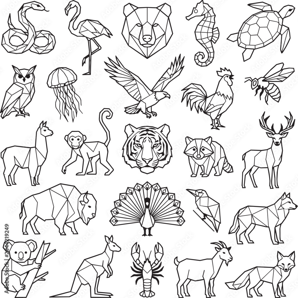 Fototapeta premium Geometric Silhouette Collection of Diverse Wild Animals and Birds