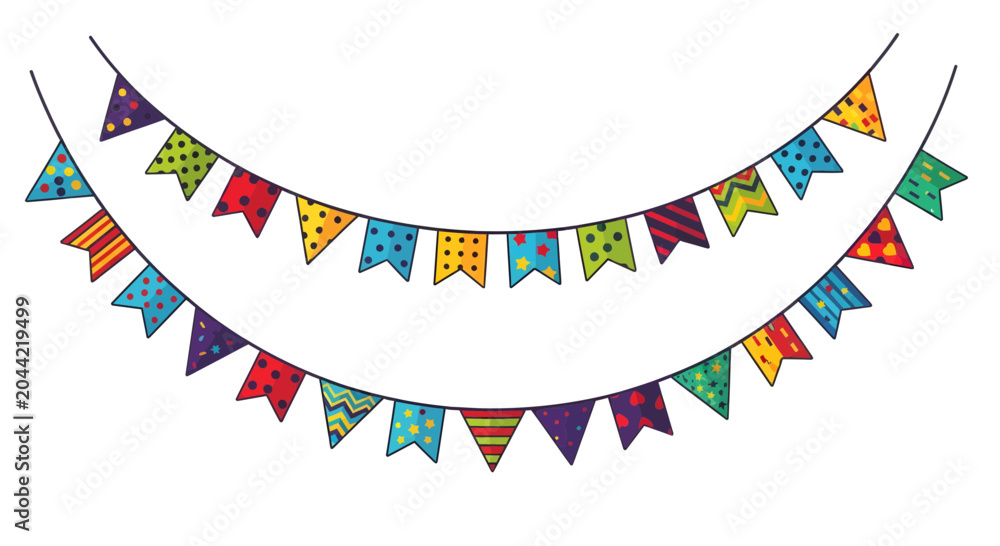 Obraz premium A vibrant string of multicolored triangular flags hanging in a festive outdoor setting with a clear sky