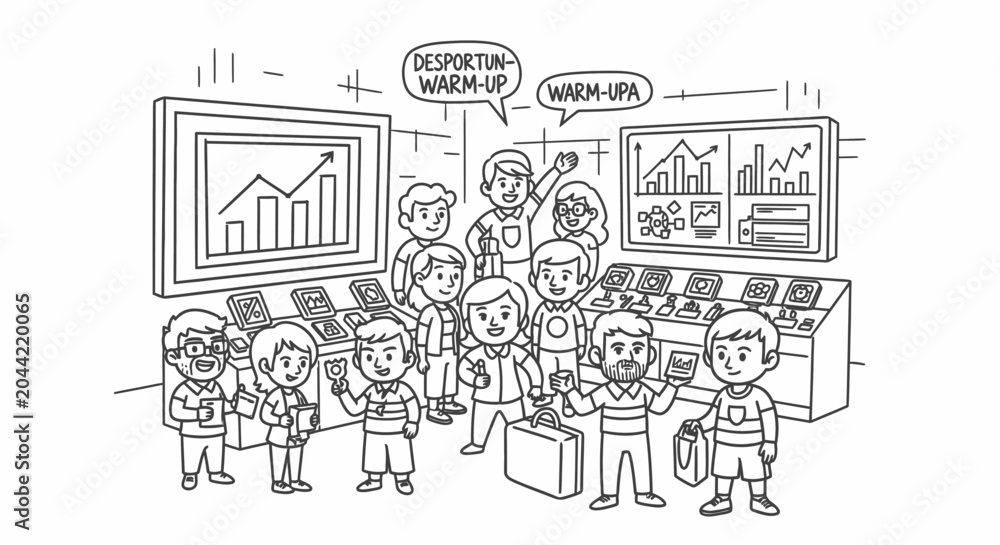 Obraz premium Cartoon business meeting with financial presentations and teamwork.
