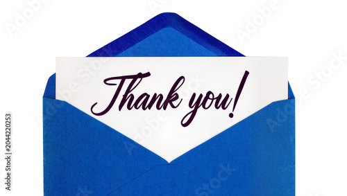 Foto Blue envelope with white card saying Thank you