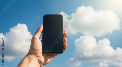 Hand holding blank screen smartphone against bright blue sky and clouds with smartphone